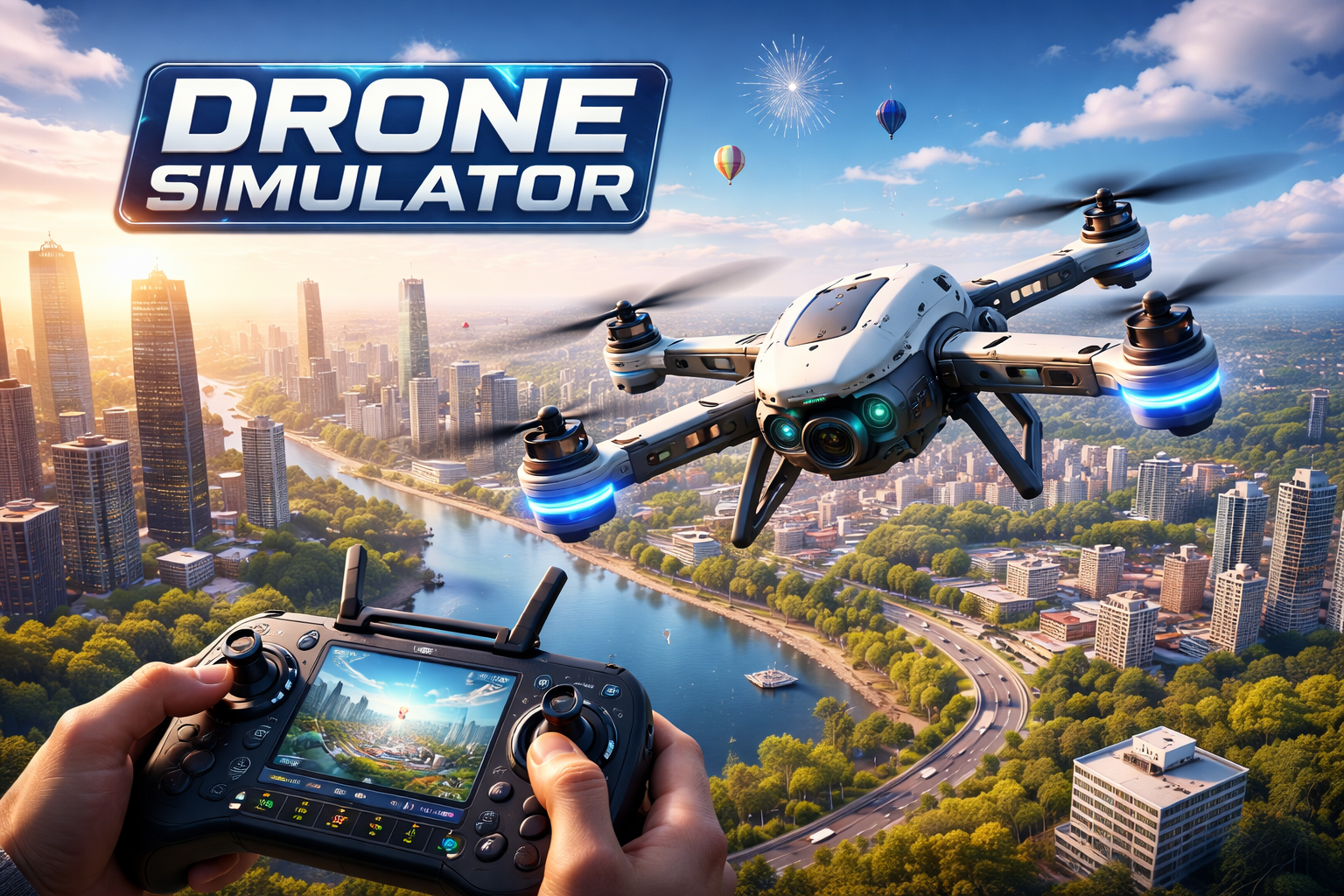 Drone Simulator cover art — pilot futuristic drones through neon cyberpunk cities, by Shadow Games